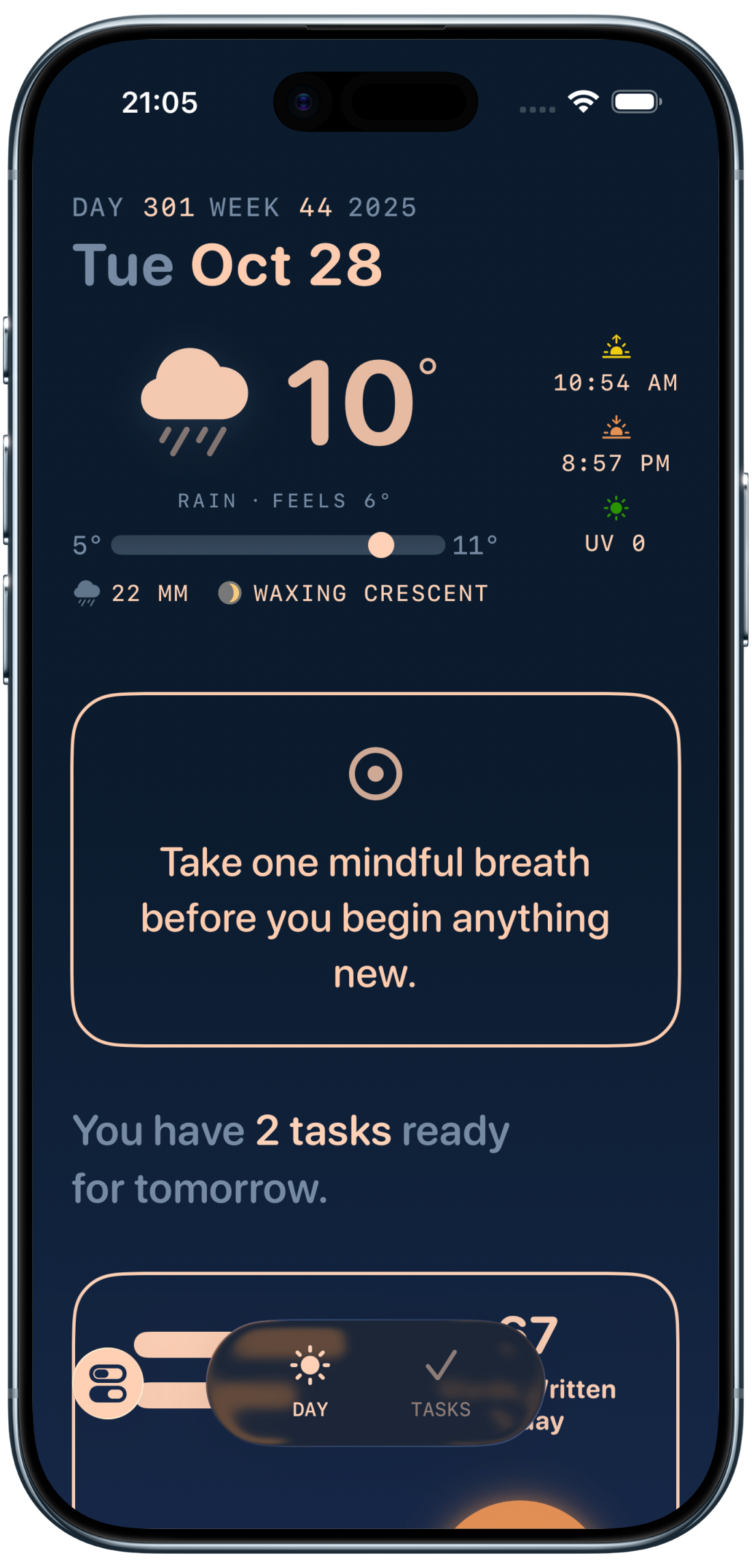 Solarday's daily intention screen