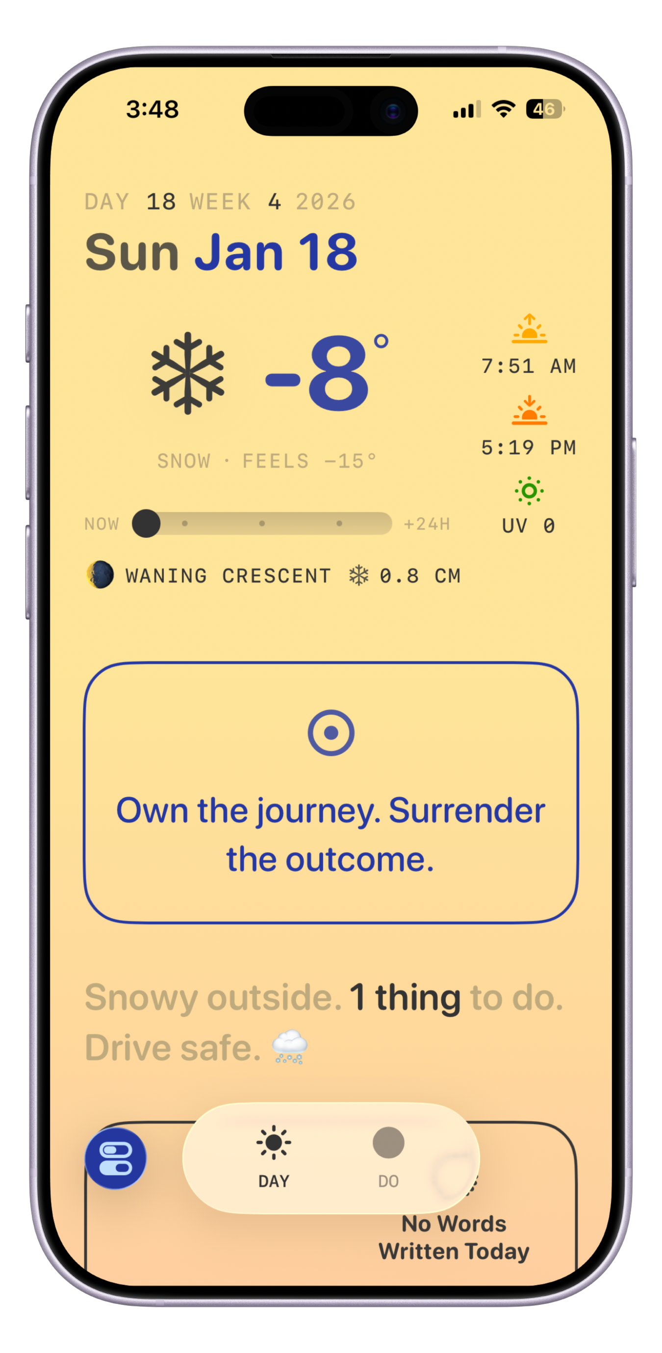 Solarday Day view showing weather, daily intention, and reflection space