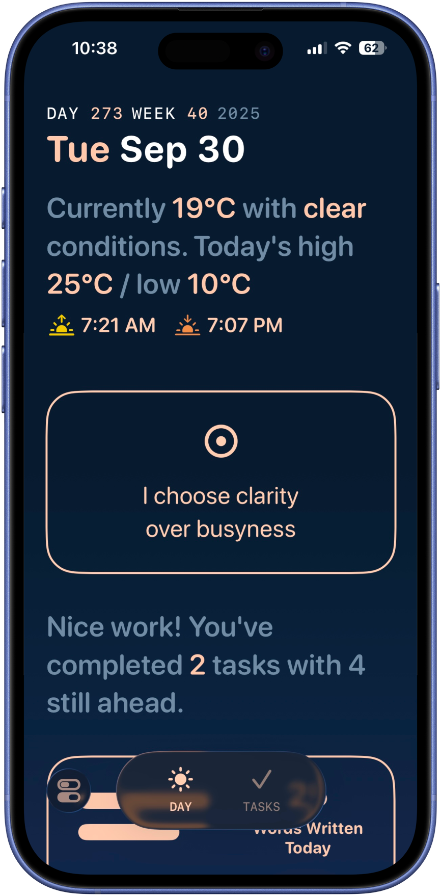 Solarday app showing beautiful daily interface