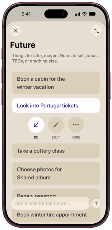 The Future view: notes for later, with one selected.