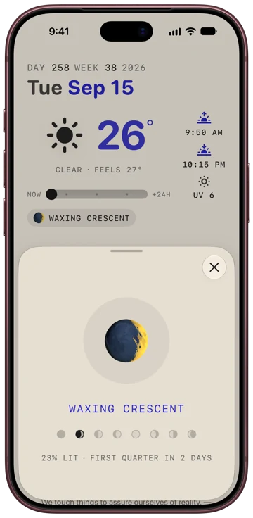 The moon sheet: a waxing crescent, percent lit, and days to first quarter.
